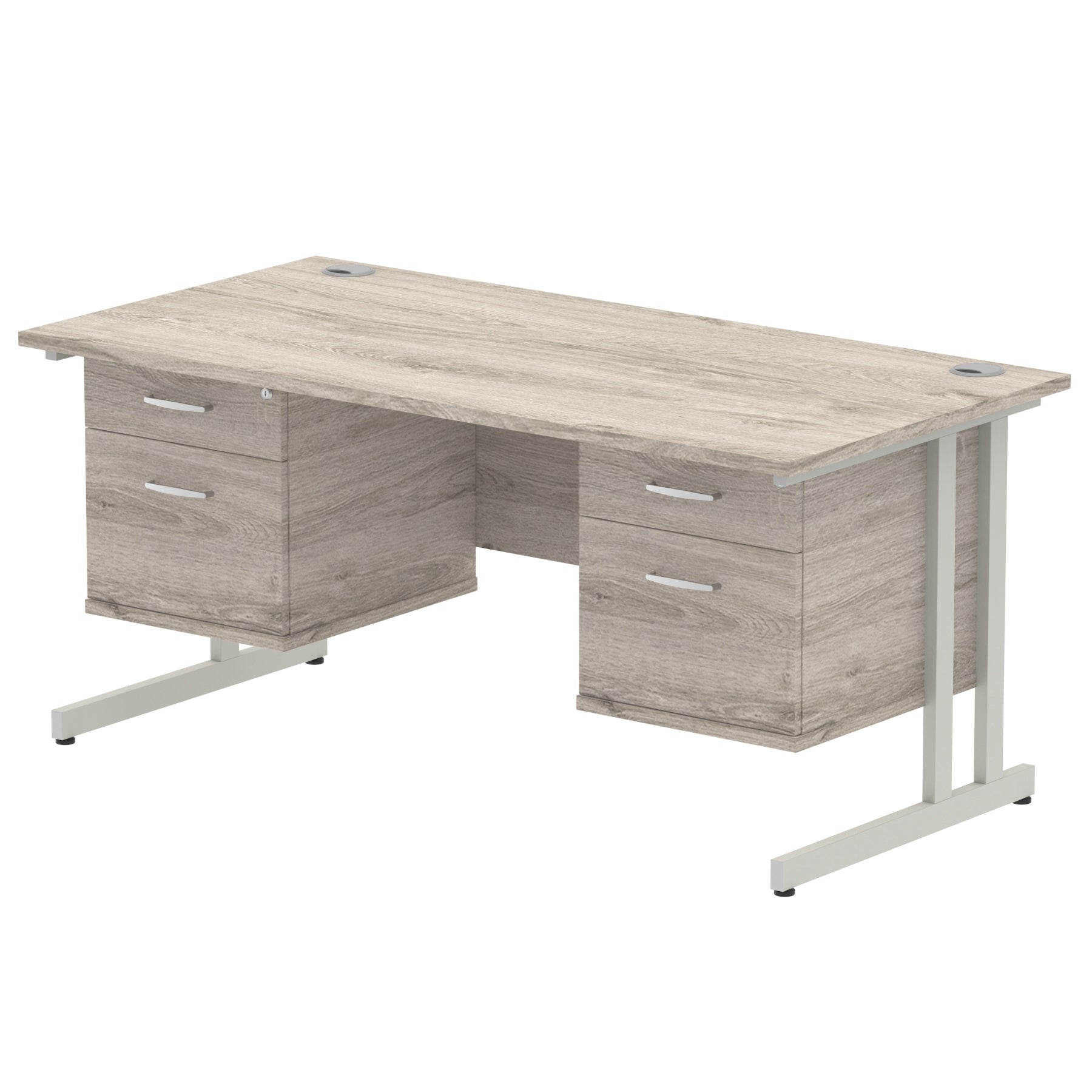 Office furniture impulse-cantilever-straight-desk-silver-frame-with-fixed-pedestal Dynamic  Grey Oak 160 Wide 2 Drawer