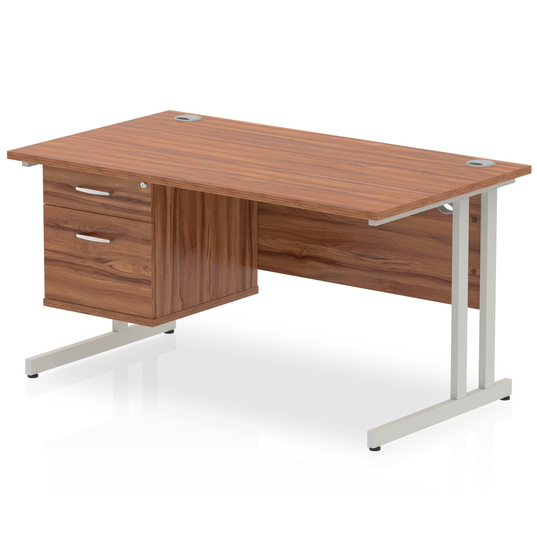 Office furniture impulse-cantilever-straight-desk-silver-frame-with-fixed-pedestal Dynamic  WALNUT 140 Wide 2 Drawer