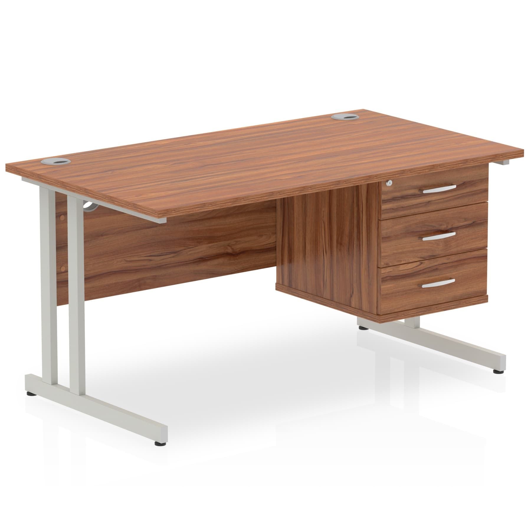 Office furniture impulse-cantilever-straight-desk-silver-frame-with-fixed-pedestal Dynamic  WALNUT 140 Wide 3 Drawer