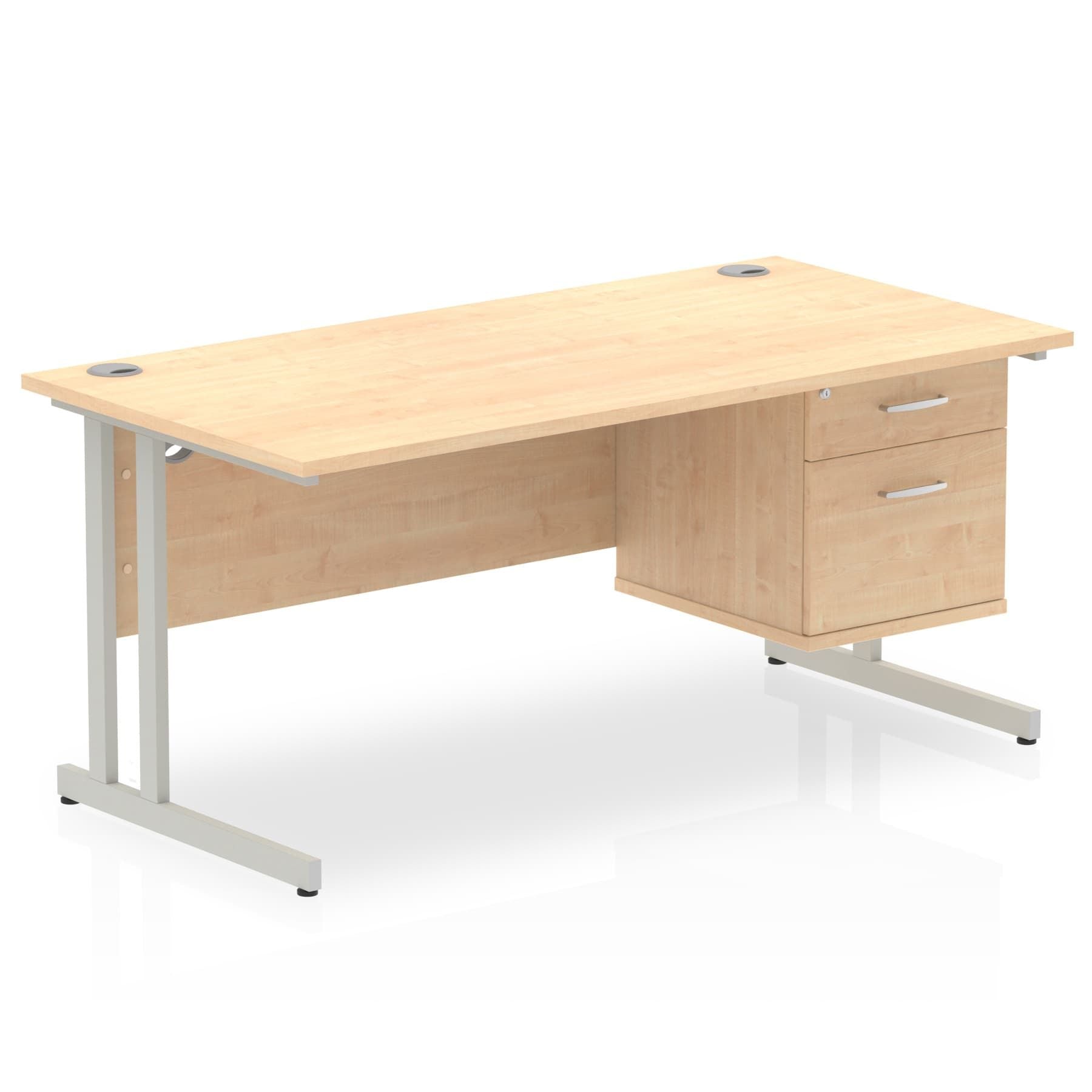 impulse-cantilever-straight-desk-silver-frame-with-fixed-pedestal Dynamic  Grey Oak 160 Wide 3 Drawer x2
