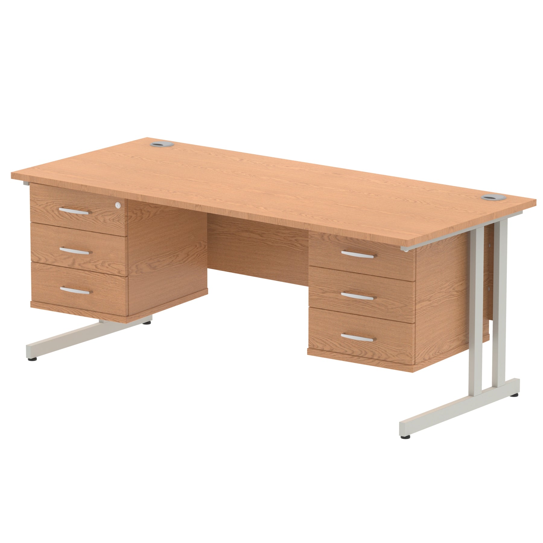 impulse-cantilever-straight-desk-silver-frame-with-fixed-pedestal Dynamic  Grey Oak 180 Wide 3 Drawer x2