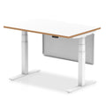 Oslo Height Adjustable Desk White Top Natural Wood Edge White Frame with White Steel Modesty Panel  Colour 120 