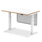 Oslo Height Adjustable Desk White Top Natural Wood Edge White Frame with White Steel Modesty Panel  Colour 120 