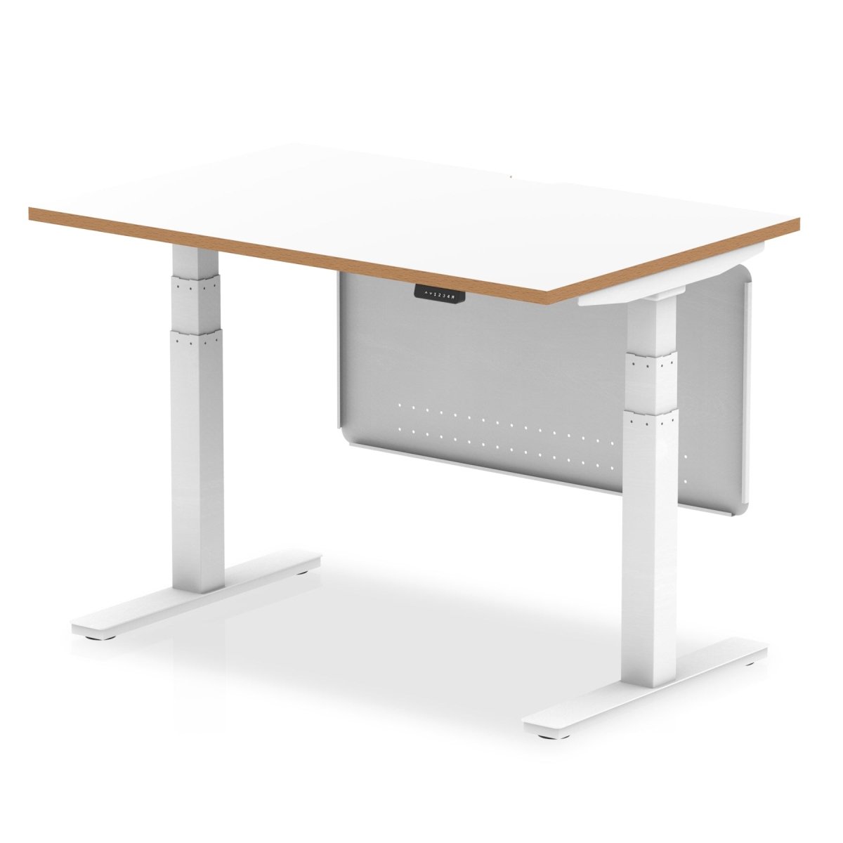 Oslo Height Adjustable Desk White Top Natural Wood Edge White Frame with White Steel Modesty Panel  Colour 120 