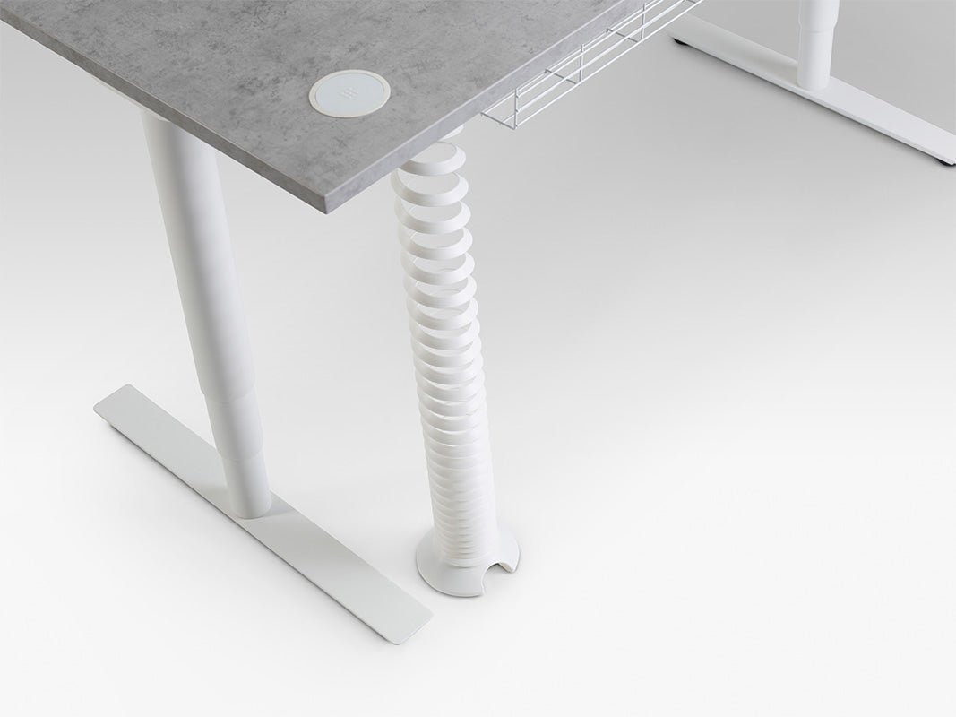 Height Adjustable Runda Sit Stand Lavoro Design Desk 140cm wide 70cm Deep  Anthracite Oak leg White