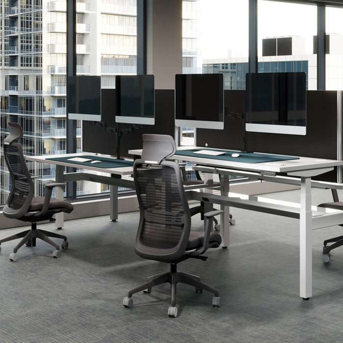 Office workspace with multiple height adjustable desks and ergonomic chairs