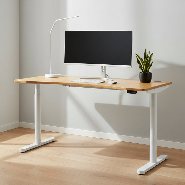 Round Leg Bamboo Top with Scallop Sit Stand Desk 120,140 or 160cm Wide RoundE 5 Office Furniture