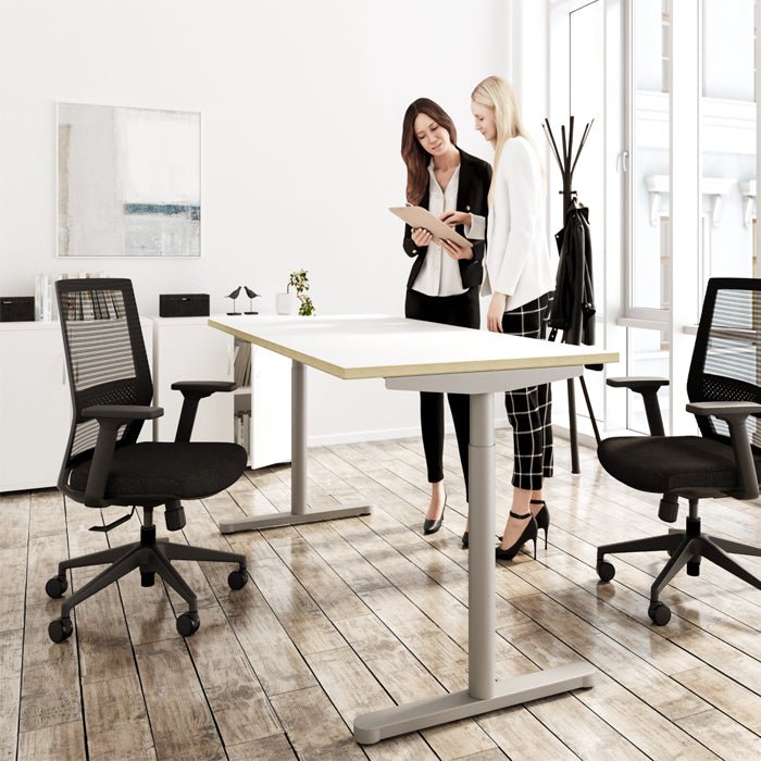 Round Leg Bamboo Top with Portal Sit Stand Desk 120,140 or 160cm Wide RoundE 6 Office Furniture