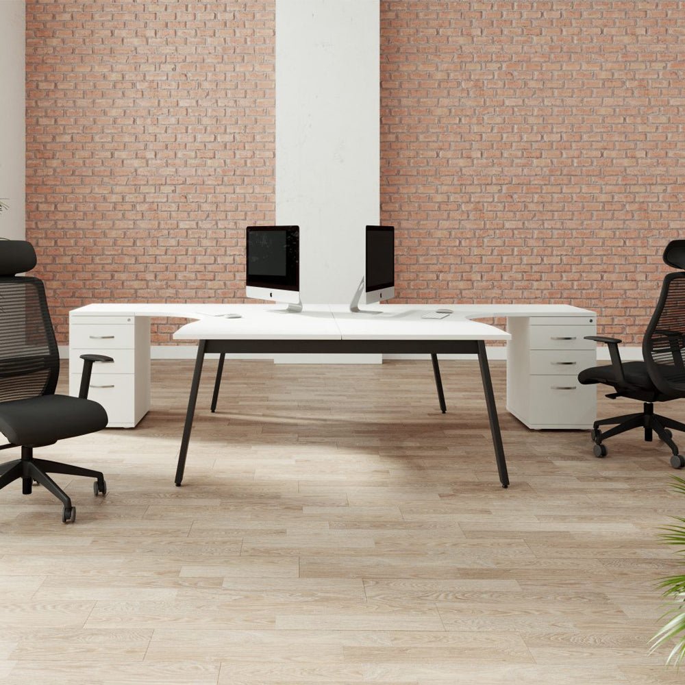 Switch 2 Person Crescent Portal Desk & Desk High Pedestal, Open Leg S-2PCRPCg Curved Ergonomic Desk